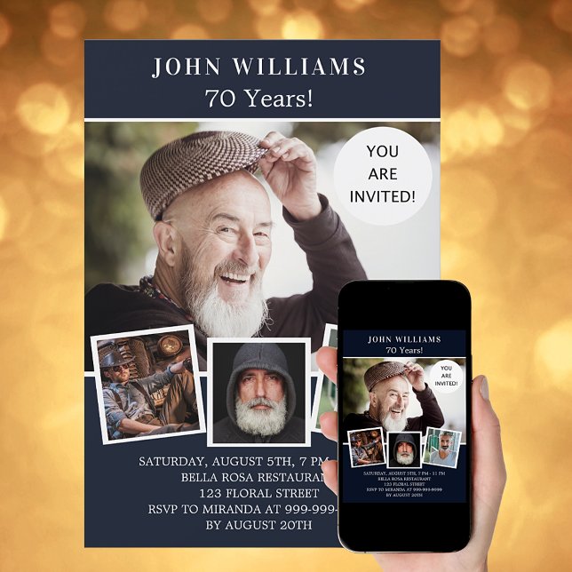 Birthday party navy blue photo collage invitation (Creator Uploaded)