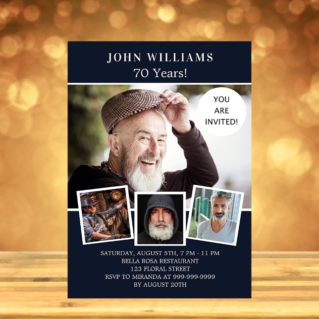 Birthday party navy blue photo collage invitation postcard (Creator Uploaded)
