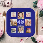Birthday party navy blue photo collage woman paper plate<br><div class="desc">A paper plate for a 40th (or any age) birthday party for celebrating a life with a collage of 8 of your own photos.  Templates the age 40 and a date.  Date of birth or the date of the party.  Navy blue background.</div>