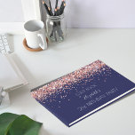 Birthday party navy blue rose gold glitter guest book<br><div class="desc">A guestbook for a feminine and glamourous 50th (or any age) birthday.  A navy blue background with rose gold faux glitter dust.  Personalize and add a name and age 50. The name is written with a modern hand lettered style script. 
Spine: add your own text.</div>