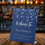 Birthday party navy blue welcome pedestal sign<br><div class="desc">For a 50th (or any age) birthday party.  Navy blue background,  white text.  Decorated with blue confetti.  Personalize and add a name and age.</div>