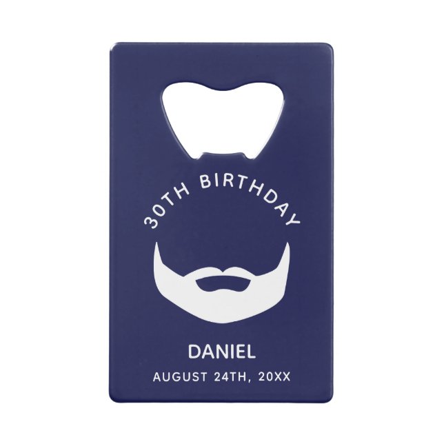 Birthday party navy blue white beard men guys credit card bottle opener (Front)