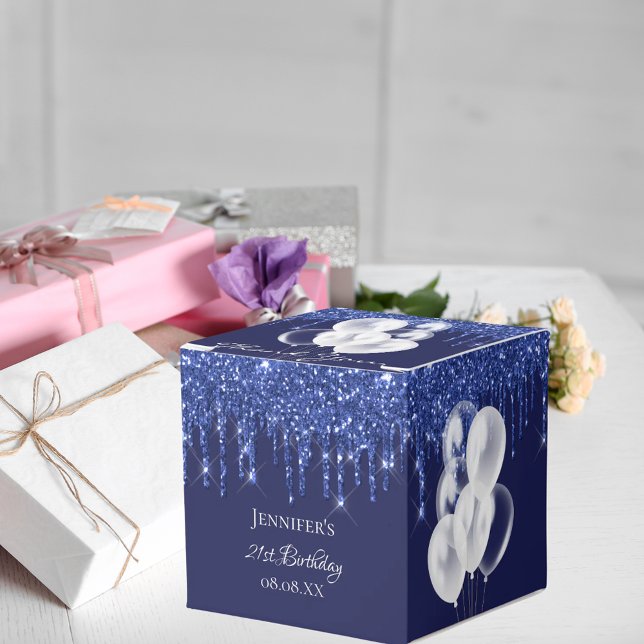 Birthday party navy blue white glitter balloons favor box (Creator Uploaded)