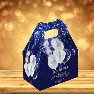 Birthday party navy blue white glitter balloons favor box