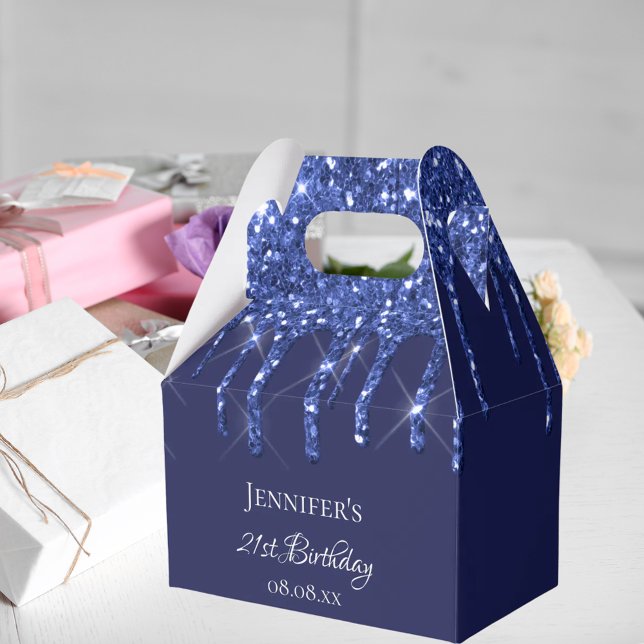 Birthday party navy blue white glitter drips name favor box (Creator Uploaded)