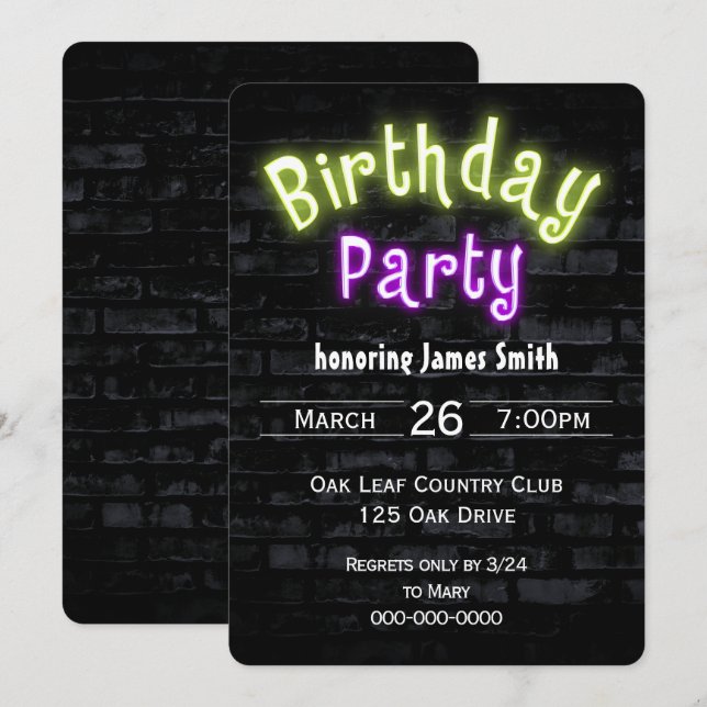Birthday Party Neon Glow Sign on Brick Wall Invitation (Front/Back)