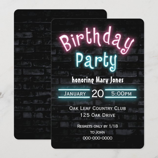 Birthday Party Neon Glow Sign on Brick Wall Invitation (Front/Back)
