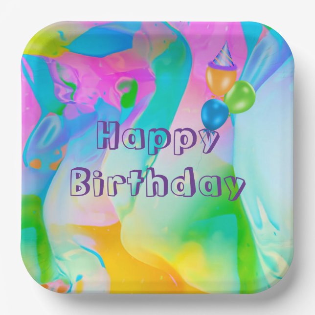 Birthday Party Neon Rainbow Abstract  Paper Plate (Front)
