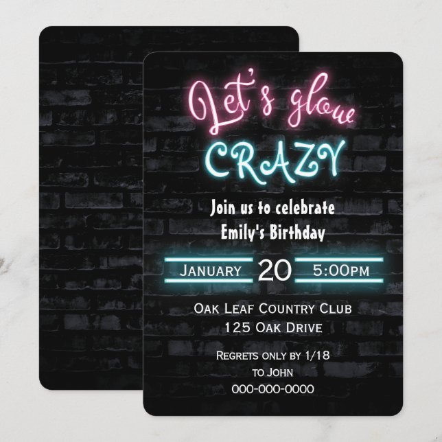 Birthday Party Neon Sign on Brick Wall Invitation (Front/Back)