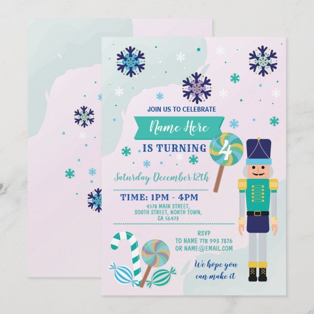 Birthday Party Nutcracker Toy Christmas Blue Mint Invitation (Front/Back)