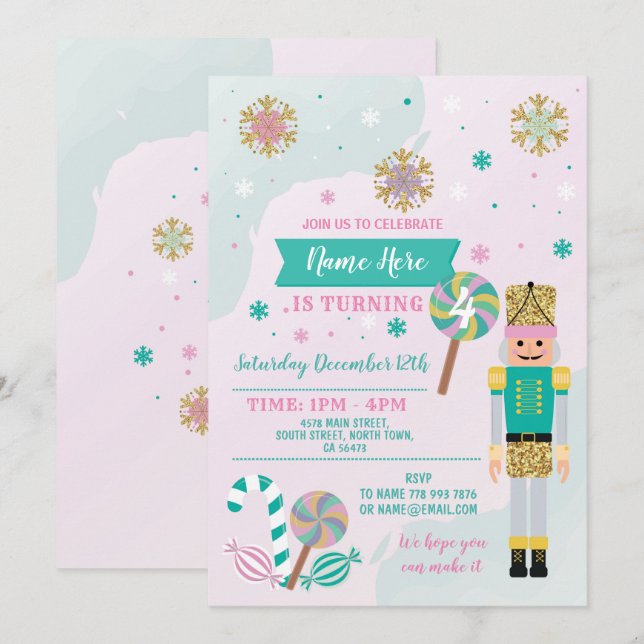 Birthday Party Nutcracker Toy Christmas Pink Mint Invitation (Front/Back)