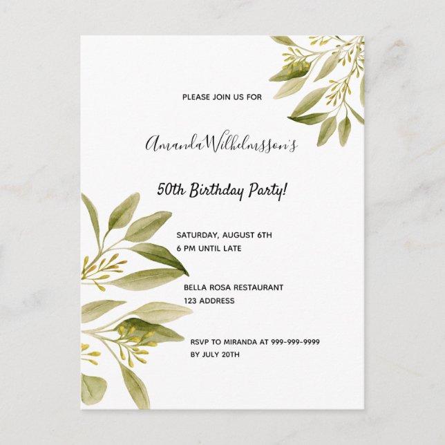 Birthday party olive green botanical invitation postcard (Front)