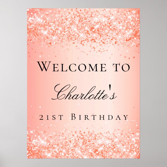 Birthday party orange glitter welcome poster (Front)