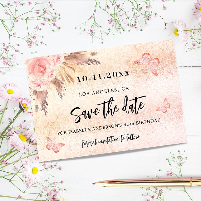 Birthday party pampas butterflies save the date announcement postcard (Creator Uploaded)