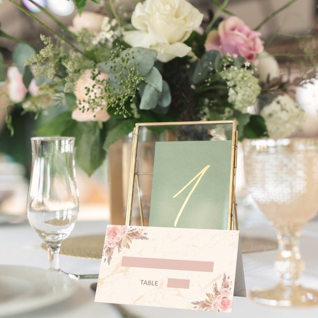 Birthday party pampas grass blush florals marble  place card (Creator Uploaded)