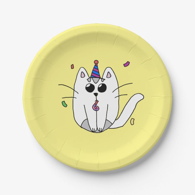 Birthday party paper plates with CheesPuff the cat (Front)