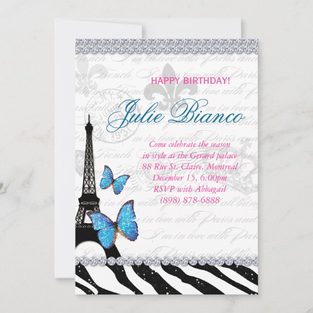 Birthday Party Paris Card Eiffel Tower Butterfly G (Front)