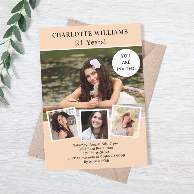 Birthday party peach photo collage invitation (Creator Uploaded)