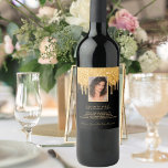 Birthday party photo black glitter gold fun facts wine label<br><div class="desc">Can be used on front on a bottle, but is ment for the back. For a 50th (or any age) birthday party. Personalize and add a photo of the birthday girl. Add your text, fun facts, biography about the birthday girl, and your names. A chic black background decorated with faux...</div>