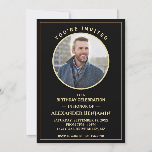 Birthday Party Photo Black Gold Custom Personalize Invitation (Front)