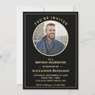 Birthday Party Photo Black Gold Custom Personalize Invitation