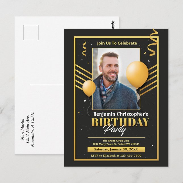 Birthday Party Photo Black Gold Invitation  Postcard (Front/Back)