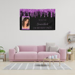 Birthday party photo black purple glitter elegant banner<br><div class="desc">A banner for a girly and glamourous 21st (or any age) birthday party. A chic black background with trendy purple faux glitter drips, paint dripping look. Personalize and add your own vertical photo of the birthday girl. The name is written in a modern hand lettered style script. Light purple letters....</div>