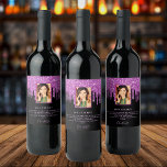 Birthday party photo black purple glitter welcome wine label<br><div class="desc">For a girly and glamourous 50th (or any age) birthday party. A chic black background with trendy purple faux glitter drips, paint dripping look. Personalize and add your own vertical photo of the birthday girl, name, and a welcome text for your guest. The name is written in a modern hand...</div>