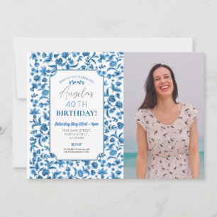 Birthday Party Photo Blue & White Floral Ditsy Invitation