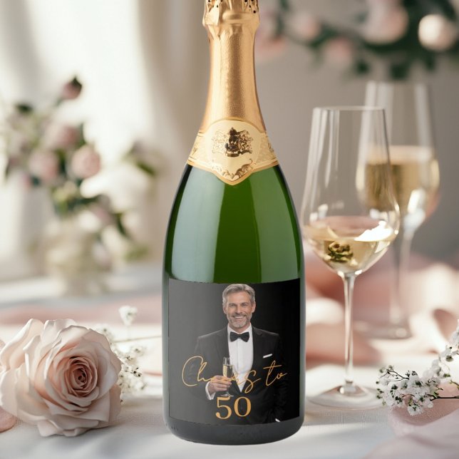 Birthday party photo cheers gold sparkling wine label (Creator Uploaded)