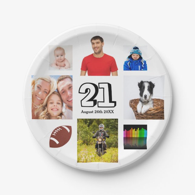 Birthday party photo collage boys guys white paper plate (Front)
