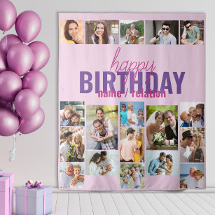 Birthday Party Photo Collage Pink Custom Backdrop Tapestry