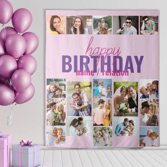 Birthday Party Photo Collage Pink Custom Backdrop Tapestry (Creator Uploaded)