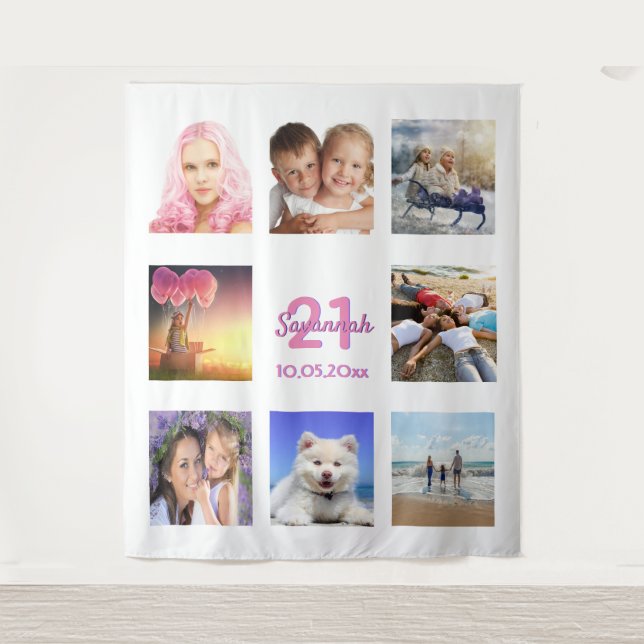 Birthday party photo collage white pink tapestry (Front)