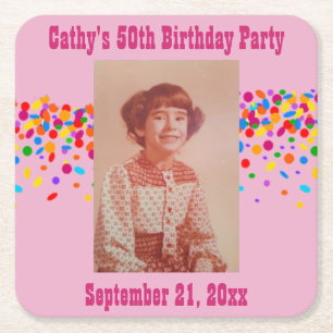 Birthday Party Photo Favour Pink Girly Square Paper Coaster