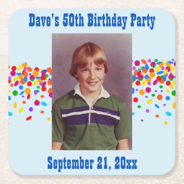 Birthday Party Photo Favour Square Paper Coaster (Front)