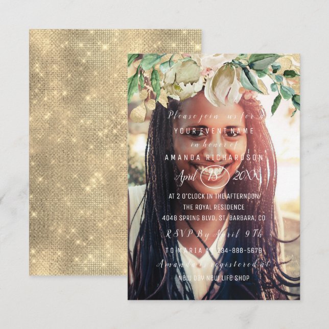 Birthday Party Photo  Flowers Brunch Spark Gold Invitation (Front/Back)
