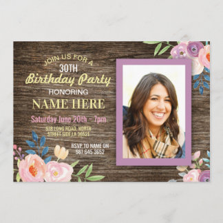 Birthday Party Photo Flowers Rustic Wood Invite