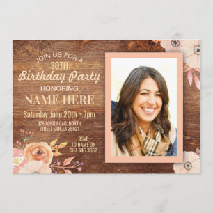 Birthday Party Photo Flowers Rustic Wood Invite