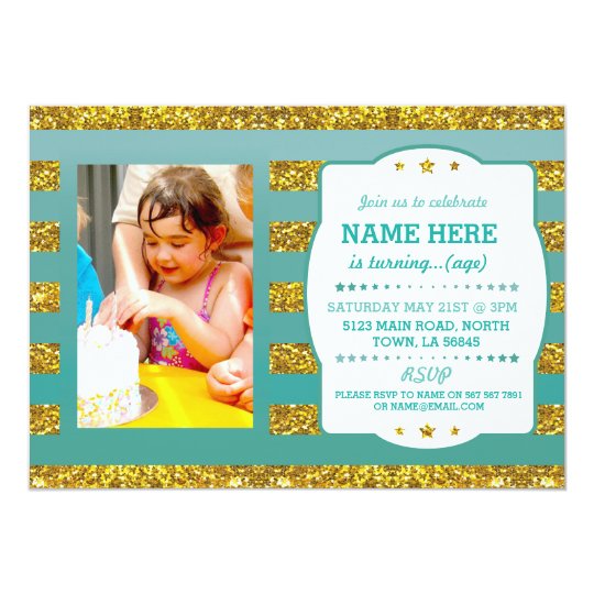 Birthday Party Photo Gold Glitter Stripe Invite