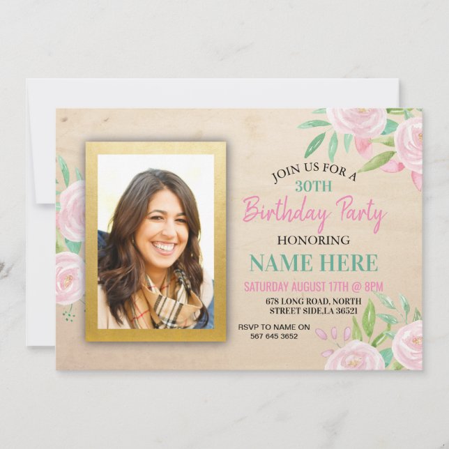 Birthday Party Photo Pink Floral Flowers Invite (Front)
