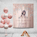 Birthday party photo rose gold glitter pink silver tapestry<br><div class="desc">A tapestry for a girly and glamourous 21st (or any age) birthday party. A rose gold , pink gradient background with elegant rose gold, pink and faux silver glitter drips. Personalize and add your own high quality photo of the birthday girl. The text: The name is written in dark rose...</div>