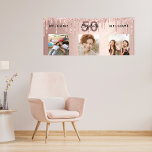 Birthday party photo rose gold glitter sparkle banner<br><div class="desc">For a 50th (or any age) birthday as a party welcome banner or wall decoration. A collage of 3 of your photos of herself friends, family, interestsor pets. Personalize and add her name, age 50 and a date. Date of birth or the date of the birthday party. A girly rose...</div>