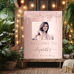 Birthday party photo rose gold glitter welcome poster<br><div class="desc">For a girly and glamourous 21st (or any age) birthday party. A rose gold , pink gradient background with an elegant rose gold coloured faux glitter drips. Personalize and add your own high quality photo of the birthday girl. Personalize and add a name and age 21. The name is written...</div>