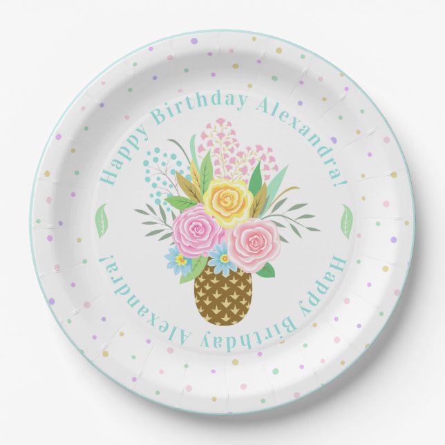 Birthday Party Pineapple Roses Bouquet Pink Cute Paper Plate (Front)