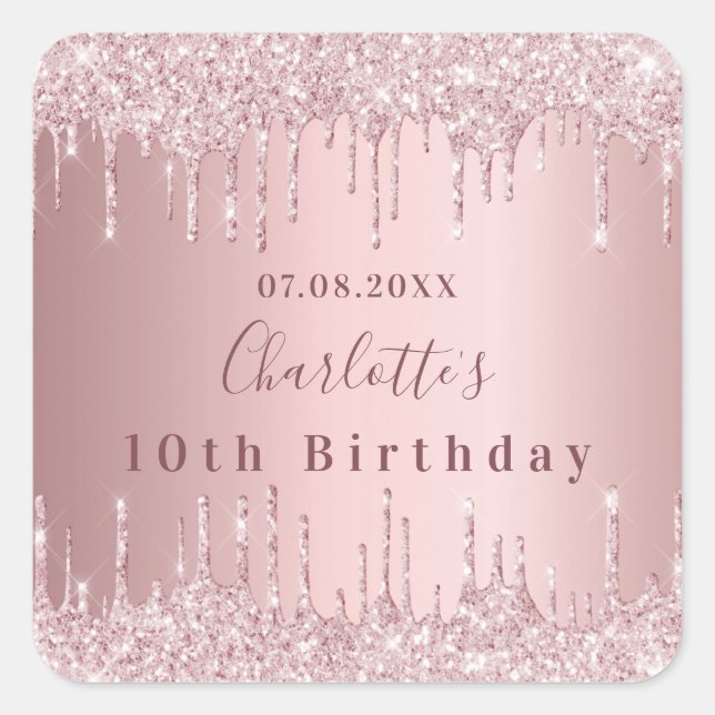 Birthday party pink dusty rose glitter drip luxury square sticker (Front)