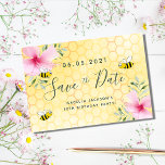 Birthday party pink florals yellow honeycomb bees save the date<br><div class="desc">Happy smiling bees,  pink flowers and yellow honeycomb as background.   Personalize and add a date and name. Black coloured letters.  The text: Save the Date is written with a large trendy hand lettered style script.</div>