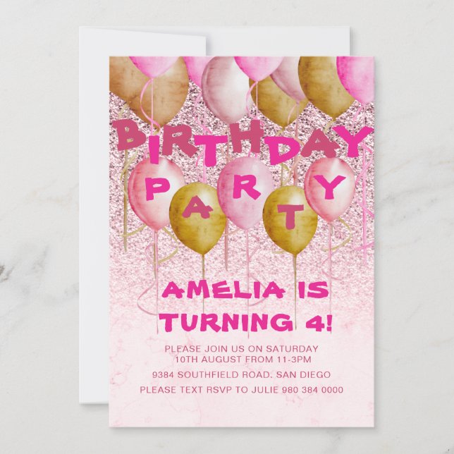 Birthday Party Pink & Gold Balloons Glitter  Invitation (Front)