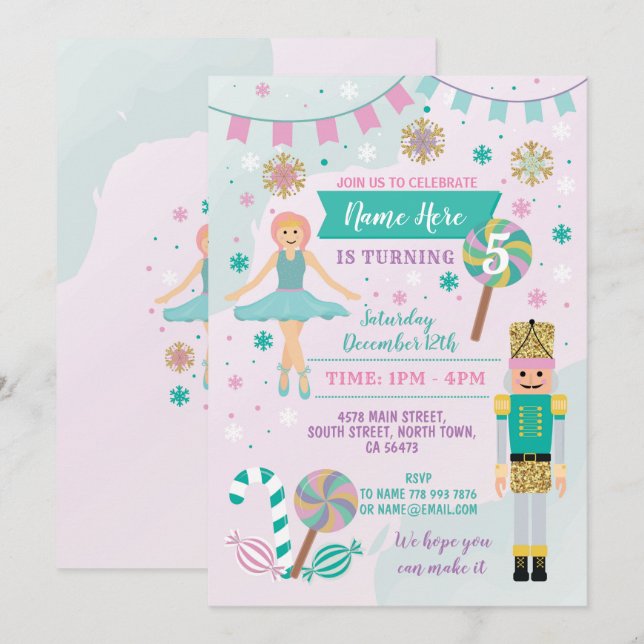 Birthday Party Pink Nutcracker Christmas Ballet Invitation (Front/Back)