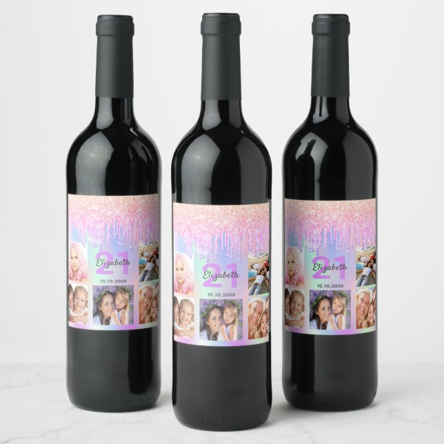 Birthday party pink purple glitter drips photo wine label (Bottles)